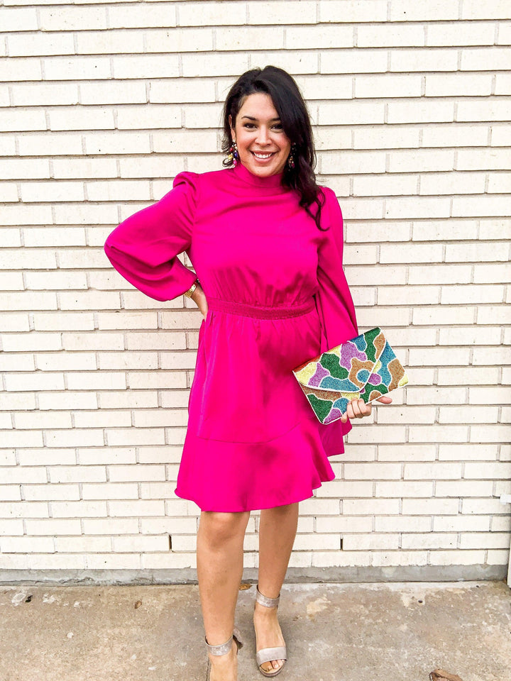 Mock Neck Satin Dress - Très Chic