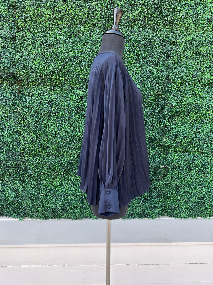 Navy pleated long sleeve blouse before you collection tres chic boutique