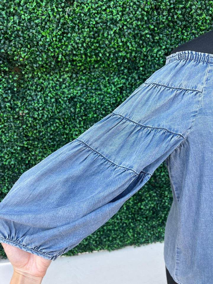 Before you collection on and off the shoulder lightweight denim blouse med wash