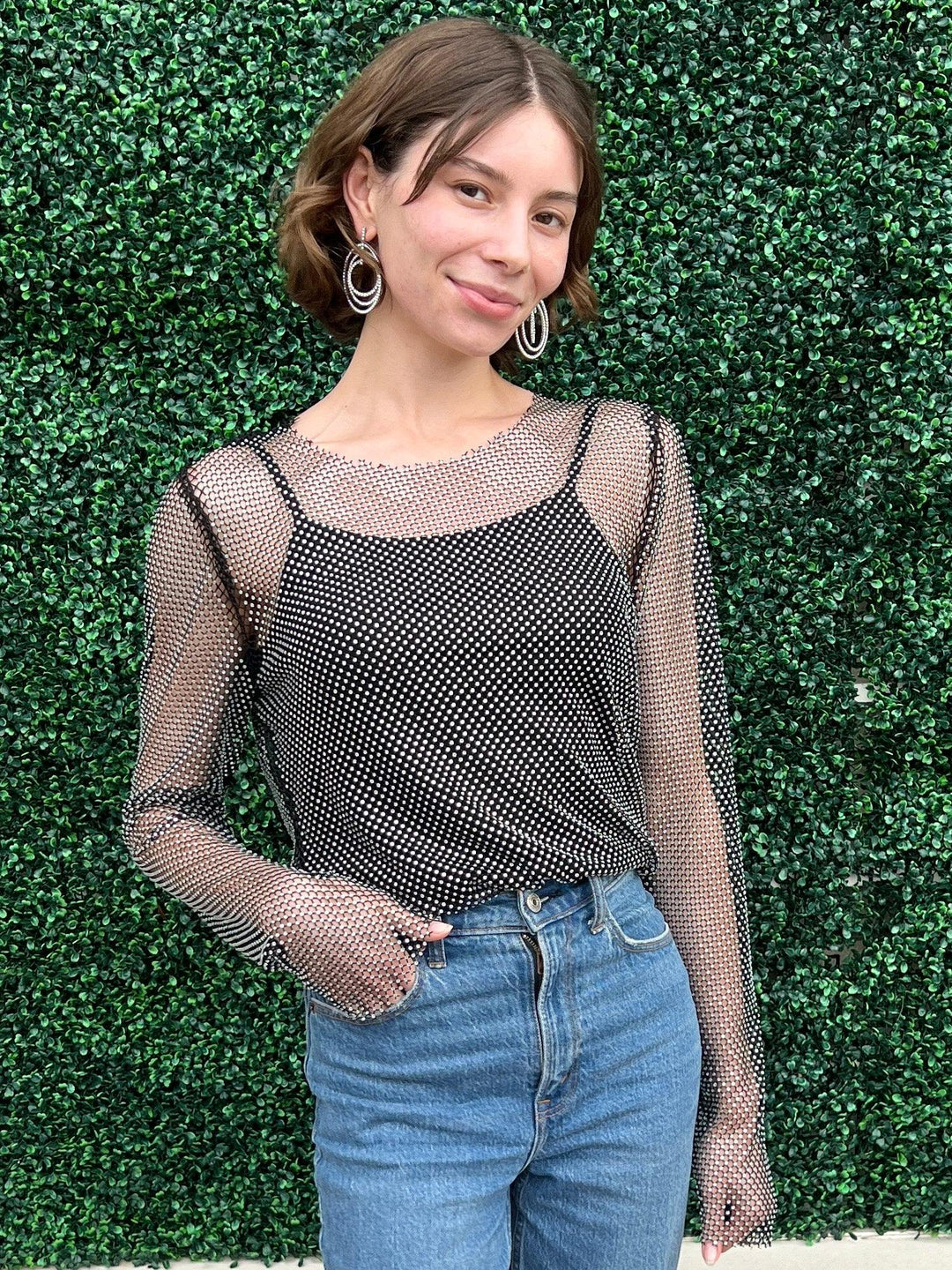 Rhinestone Fishnet Long Sleeve overlay blue b blouse womens trendy online boutique