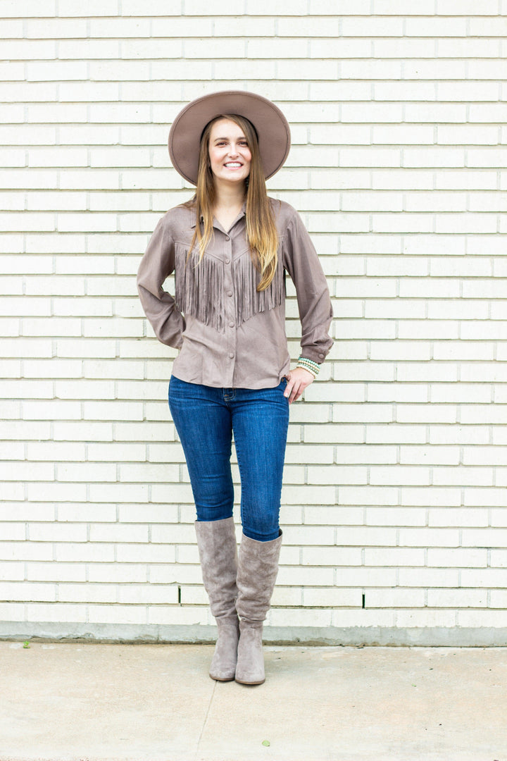 Button Up Faux Suede Fringe Top - Très Chic