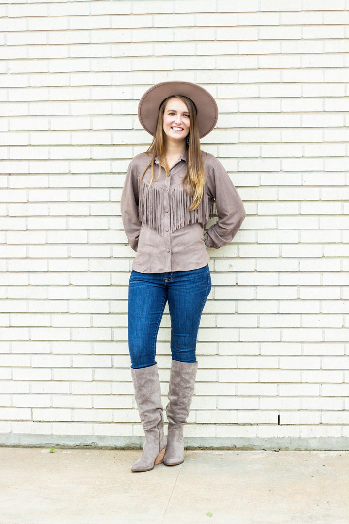 Button Up Faux Suede Fringe Top - Très Chic