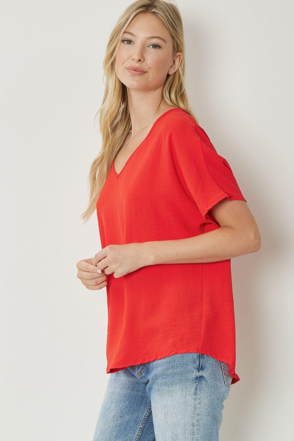 Entro brand basic oversized lightweight colorful tops v neck red