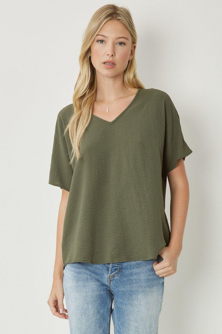 Entro brand basic oversized lightweight colorful tops v neck olive