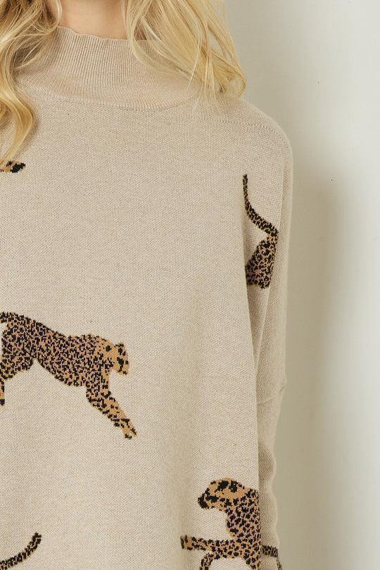 cream oatmeal tan cheetah sweater mock neck