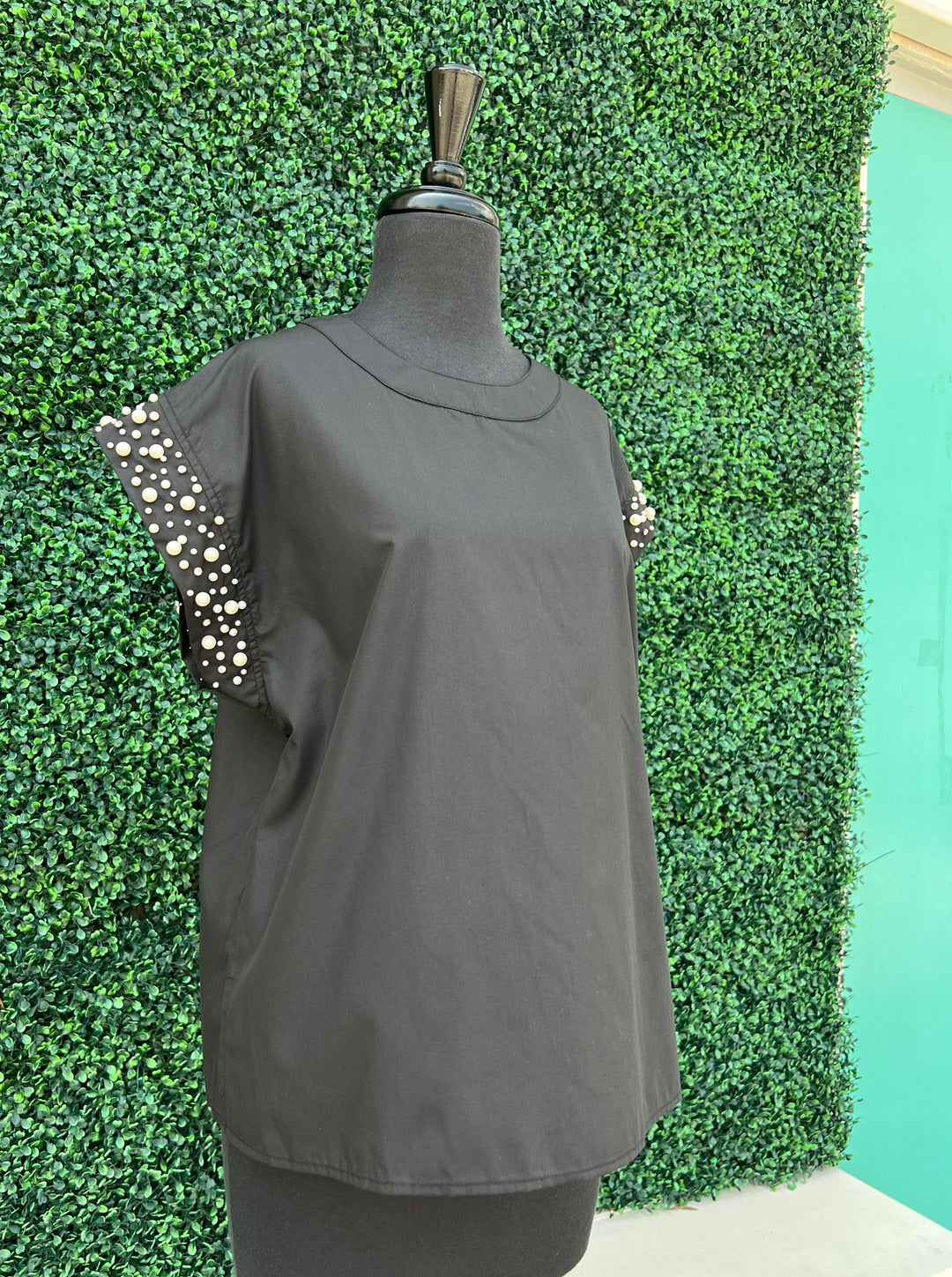 Pearl Embellished Cotton Top black with buttons entro brand online boutique houston texas