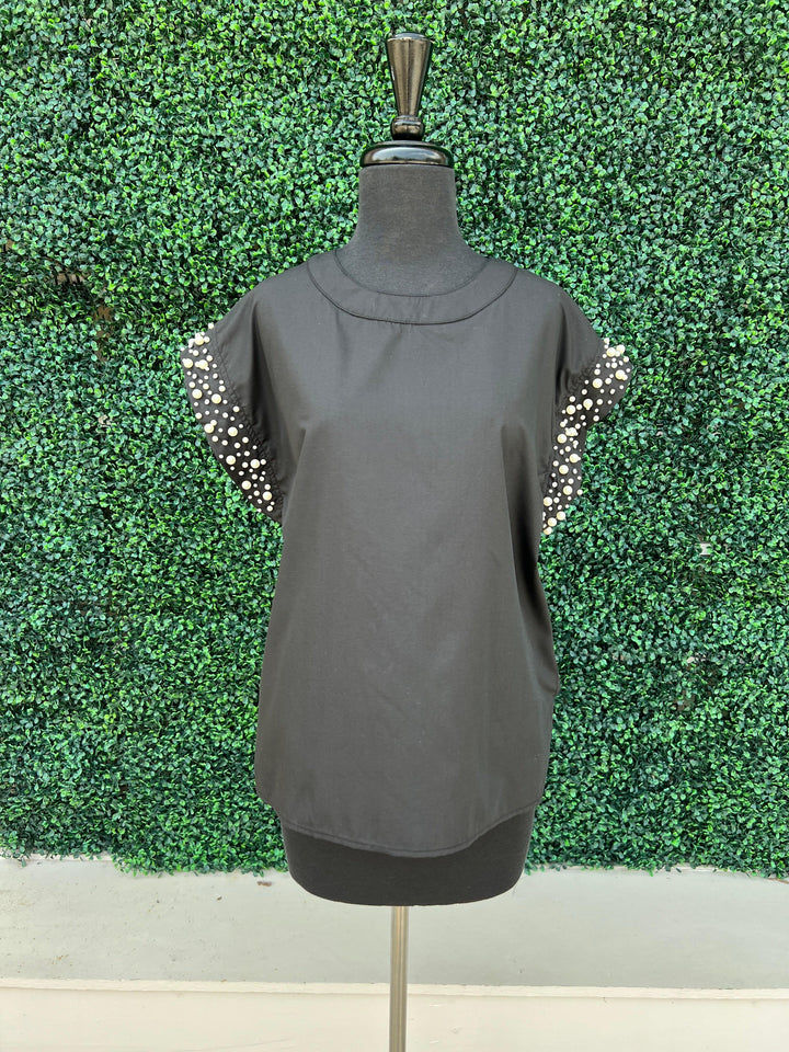 Pearl Embellished Cotton Top black with buttons entro brand online boutique houston texas