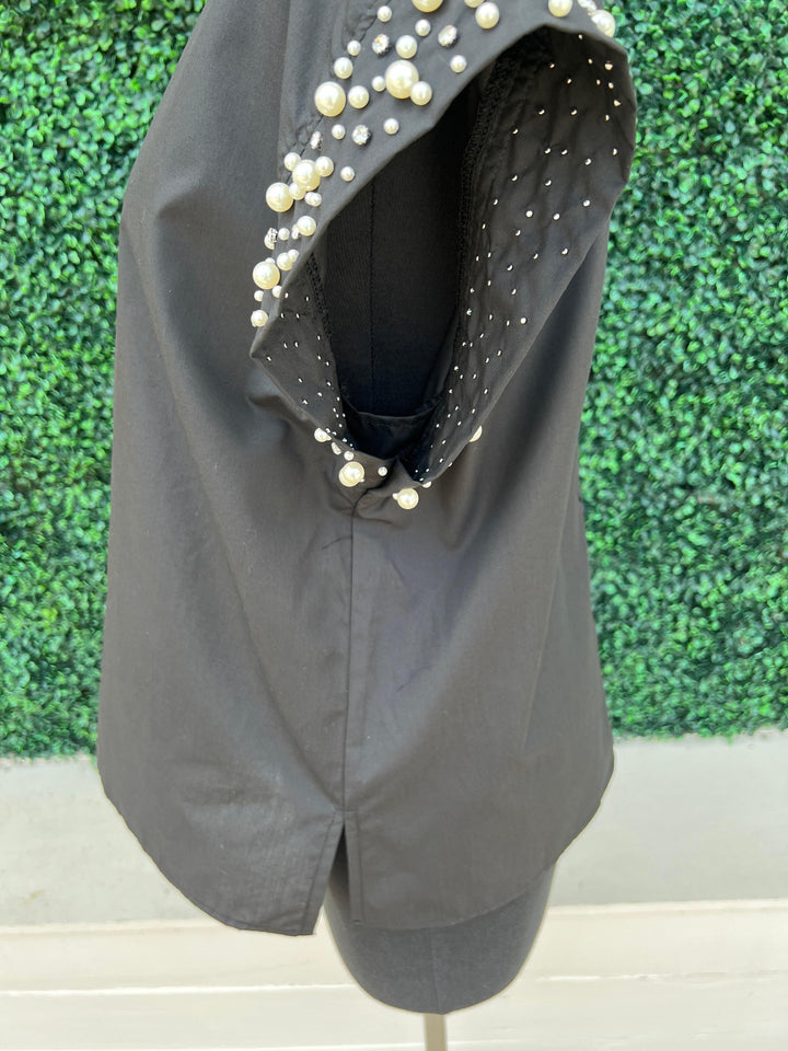 Pearl Embellished Cotton Top black with buttons entro brand online boutique houston texas