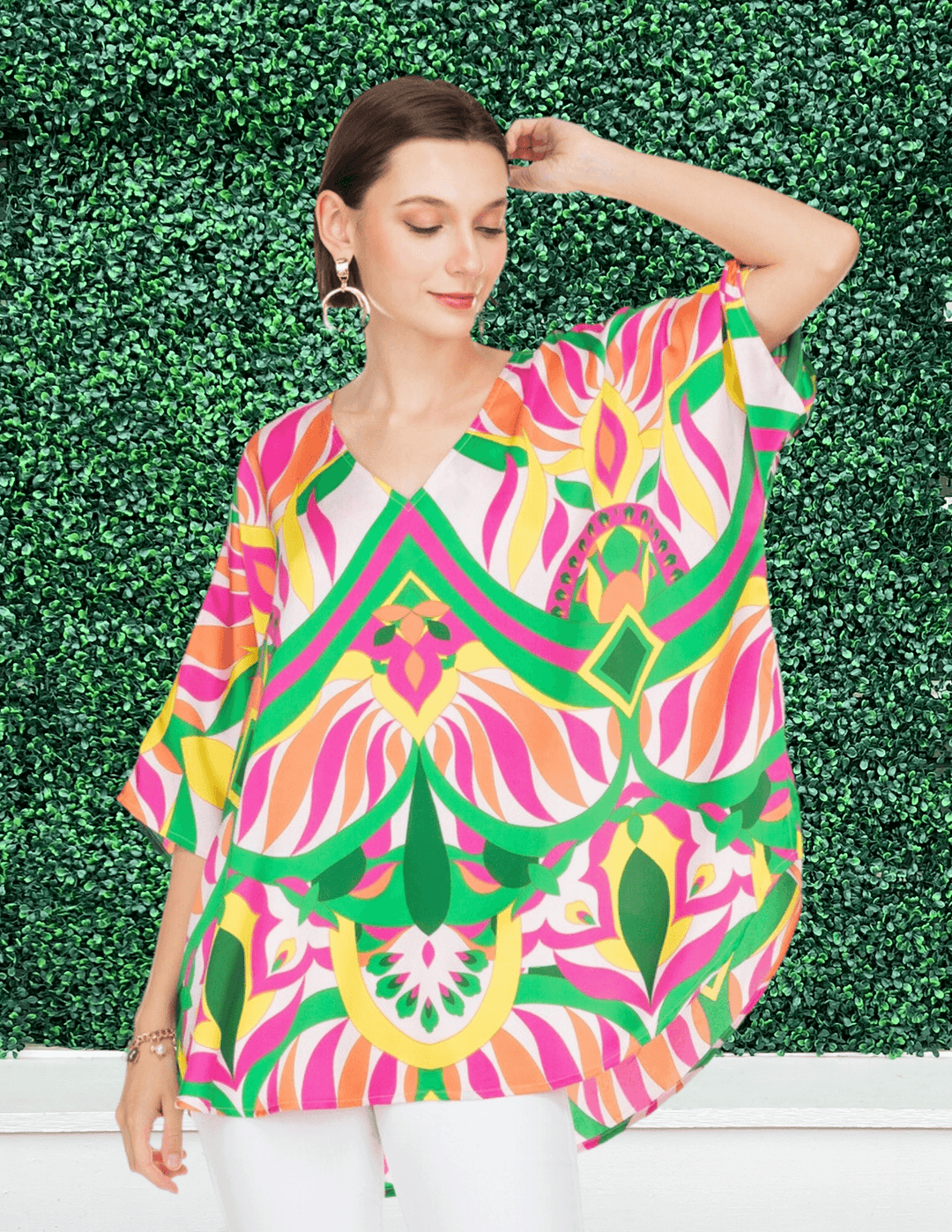 tres chic houston Jade brand caftan style top green and pink