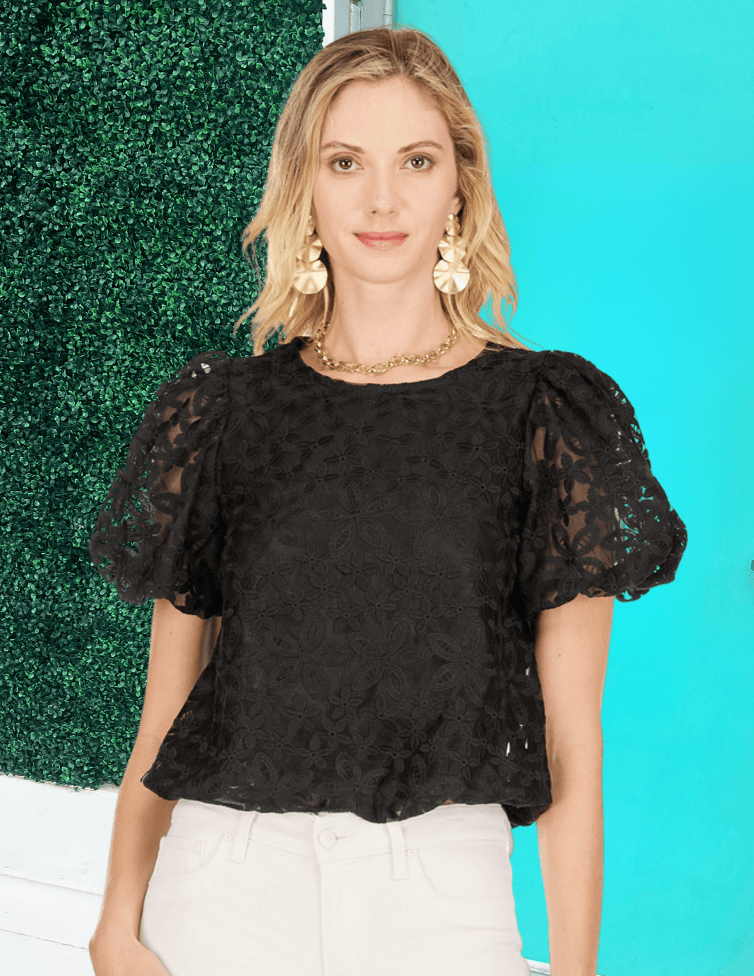 tres chic boutique black floral lace top with elastic banded