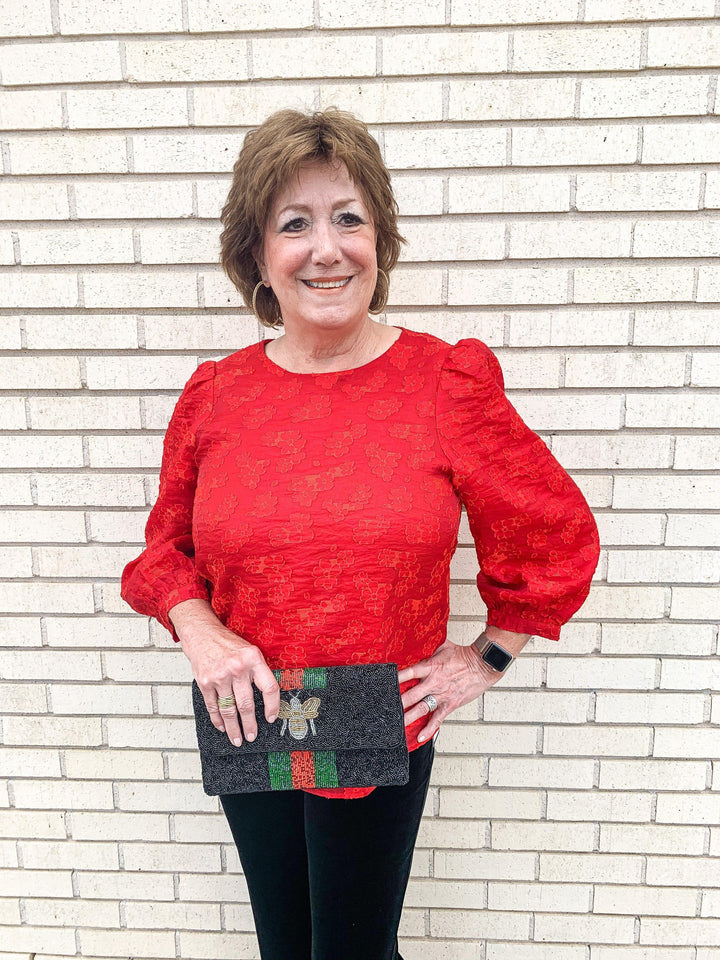 Red Floral Embossed Top - Très Chic