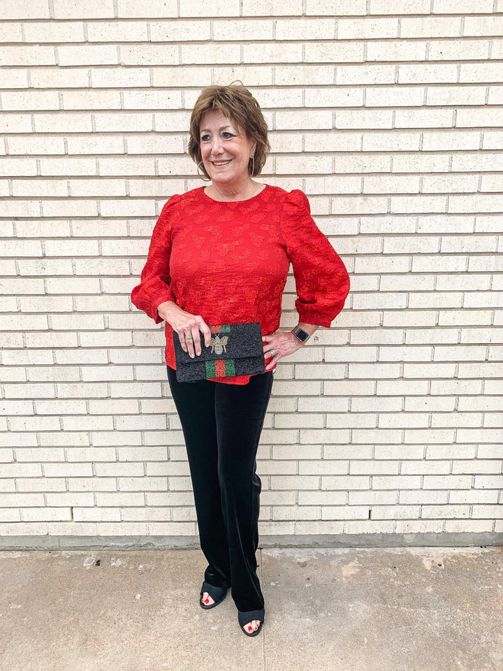 Red Floral Embossed Top - Très Chic