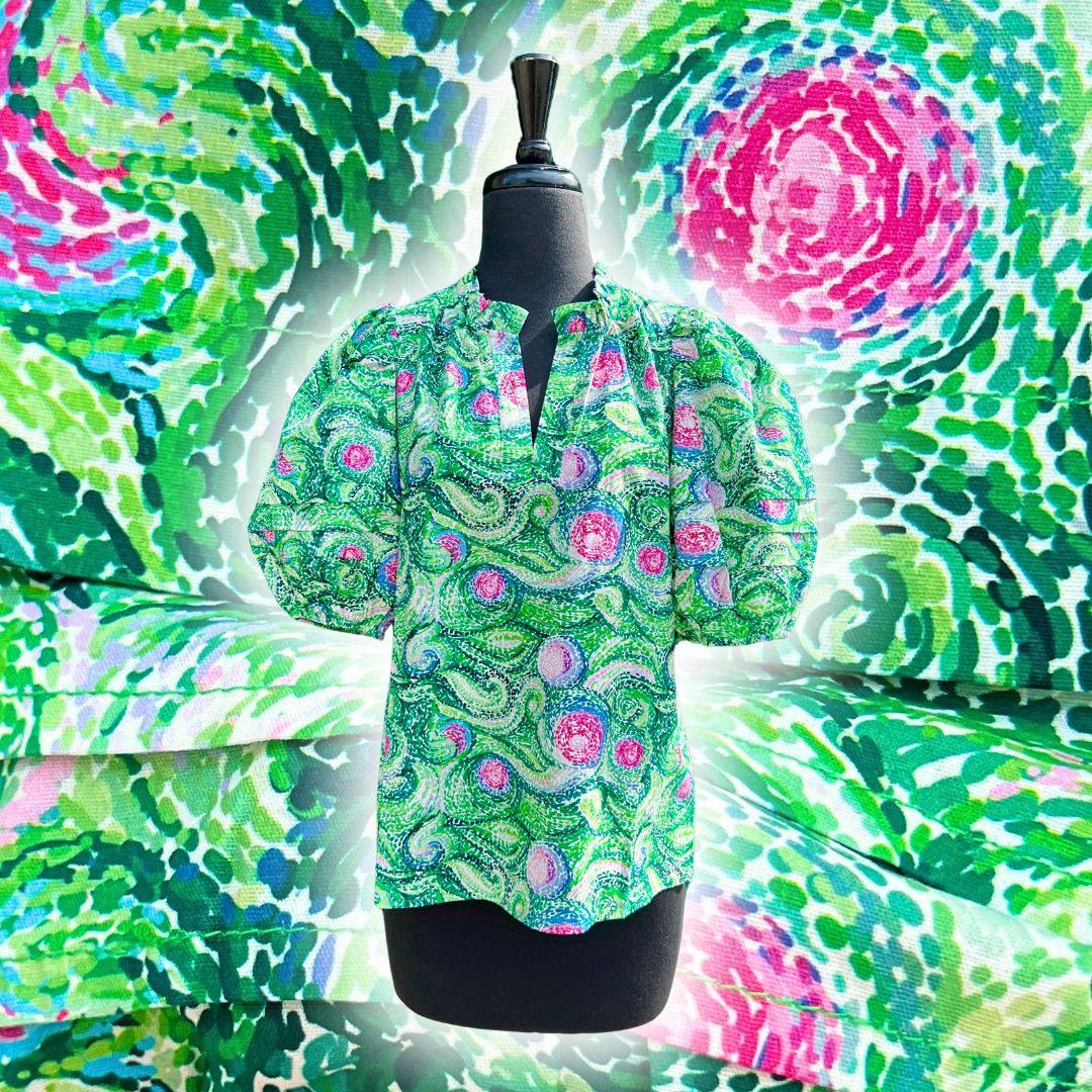 playful puff sleeves, a ruffle neckline, and a colorful paisley floral Vincent van Gogh inspired print, 100% cotton top