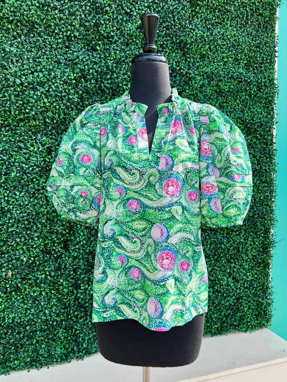 playful puff sleeves, a ruffle neckline, and a colorful paisley floral Vincent van Gogh inspired print, 100% cotton top