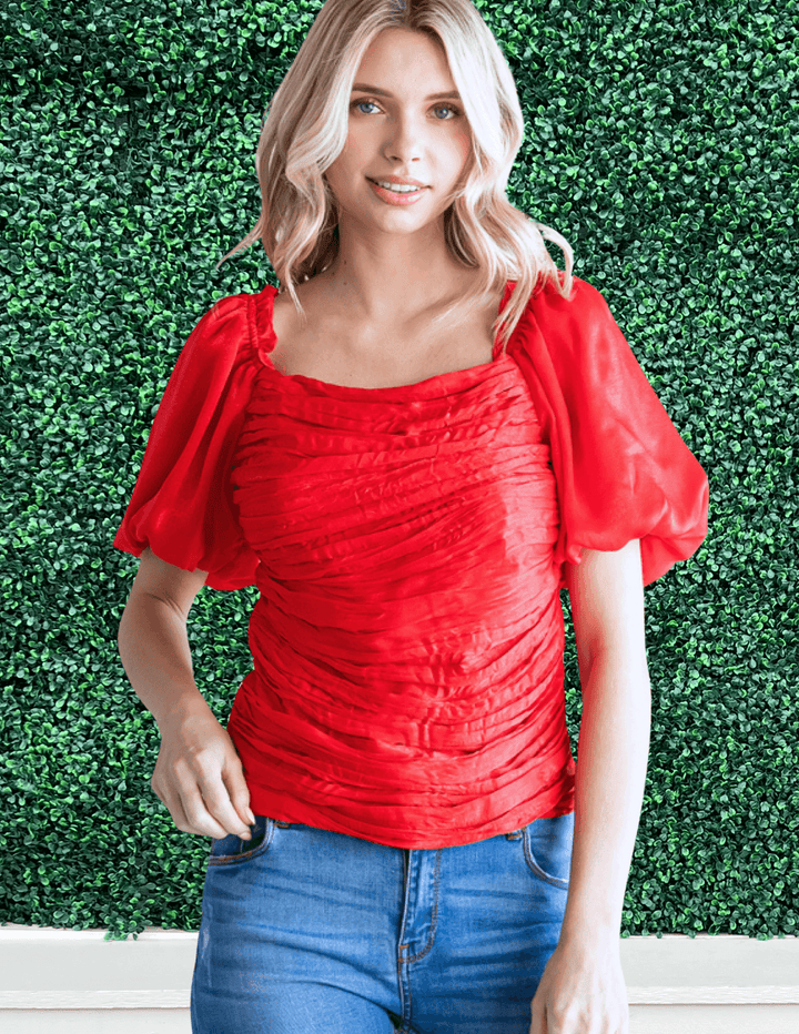 Solid red top with chest ruched, back smocked, frilled shoulder and short puffed sleeves jodifl