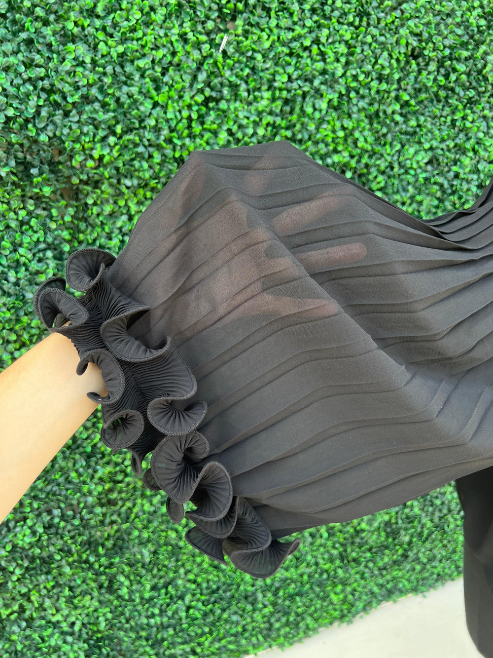 Ruffle Pleat Long Sleeve Blouse evening blouse black unique and timeless fashions