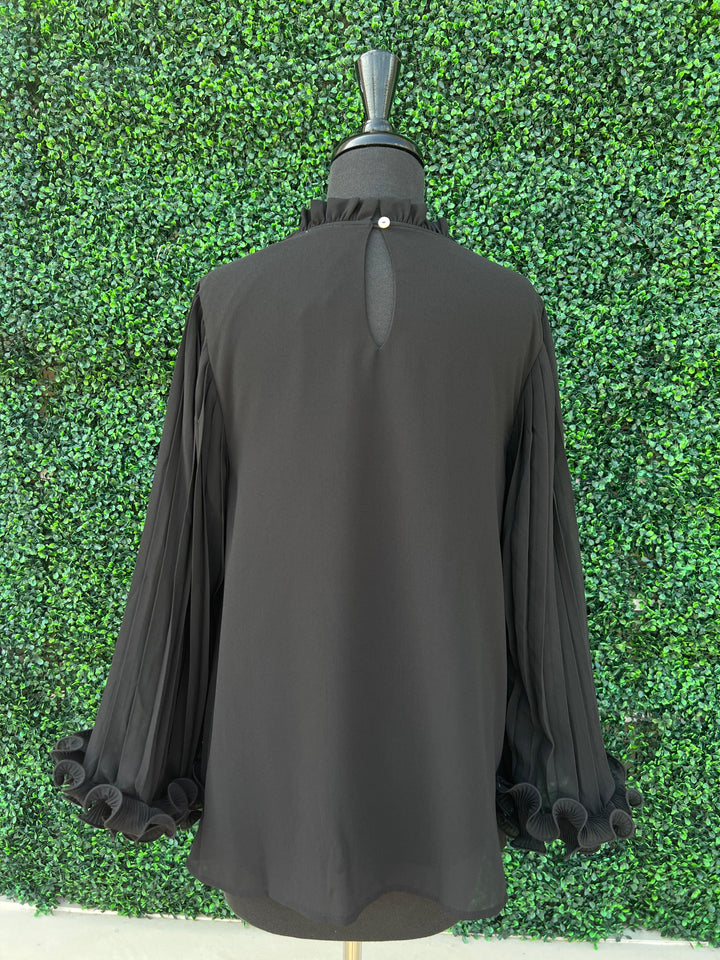 Ruffle Pleat Long Sleeve Blouse evening blouse black tres chic boutique