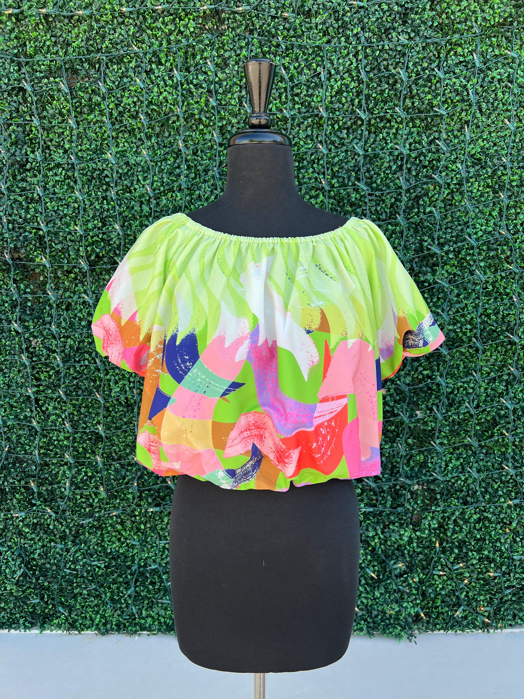 lime green off the shoulder rainbow puff jade brand blouse elastic waist