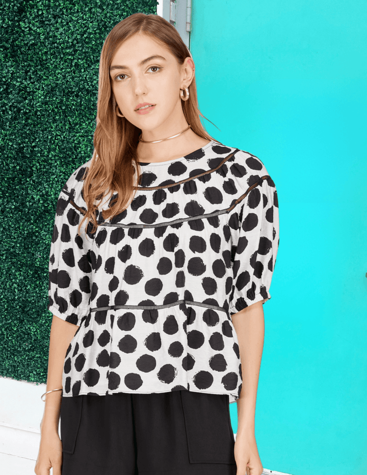 black and white dotted polka dot blouse joy joy brand top online womens boutique