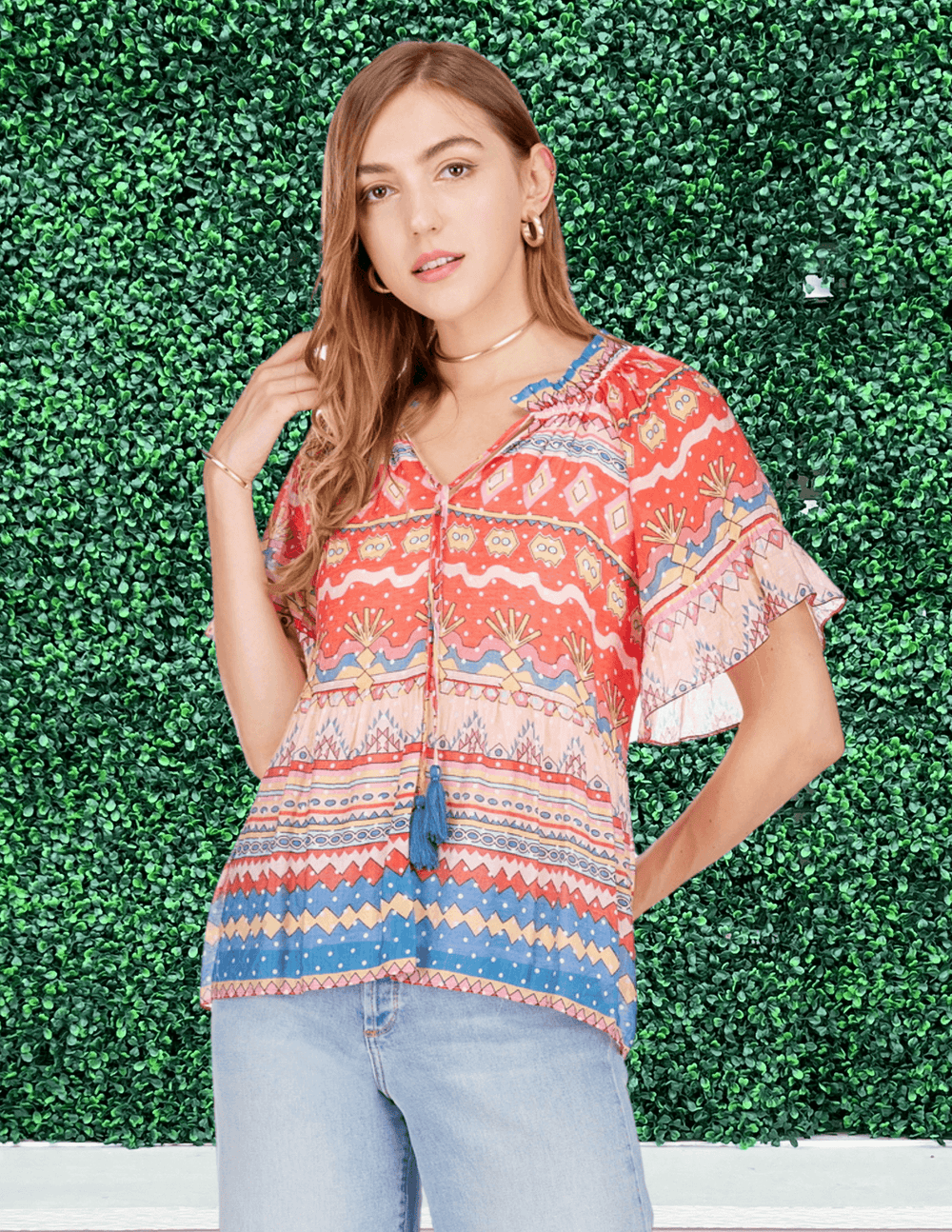 red blue yellow printed aztec boho style top for Joy Joy brand at best women's online boutique