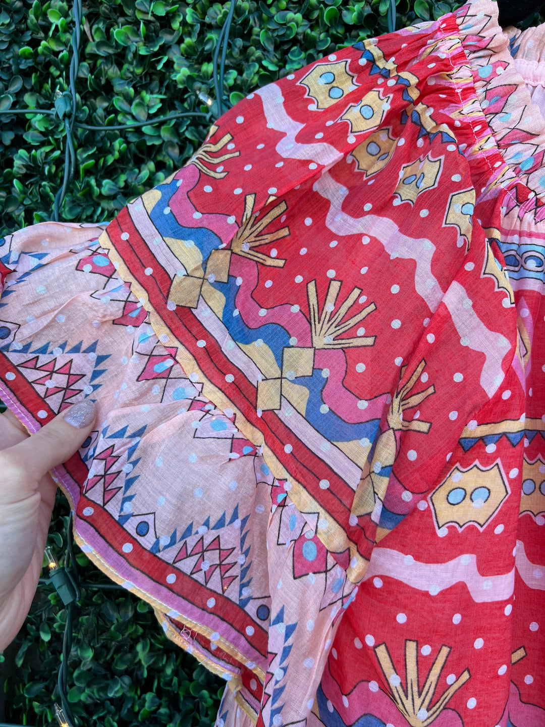 red blue yellow printed aztec boho style top for Joy Joy brand at best women&