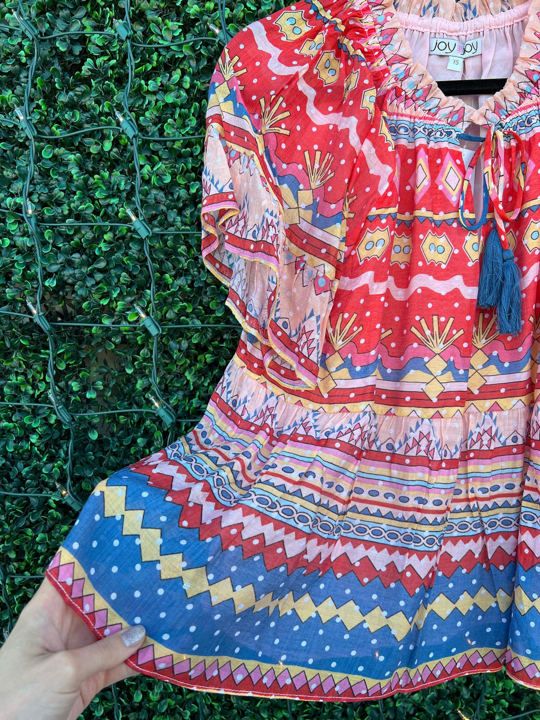 red blue yellow printed aztec boho style top for Joy Joy brand at best women&