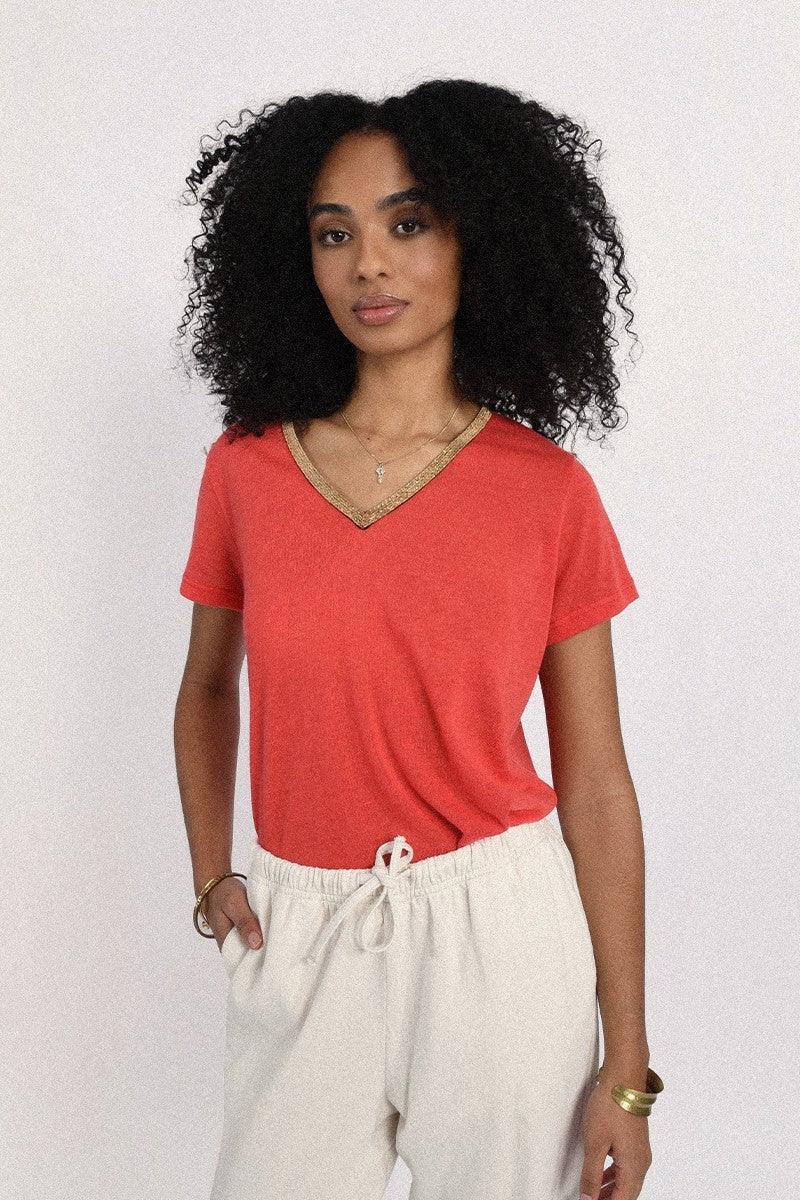 coral v neck tee molly braken tres chic houston tucked in