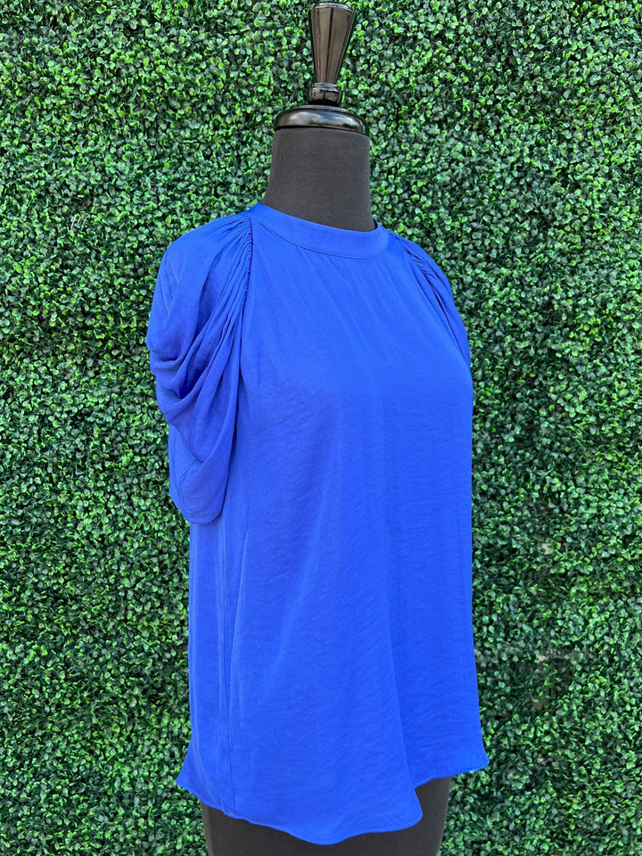drapped puff sleeve silky bright blue top boutique near me