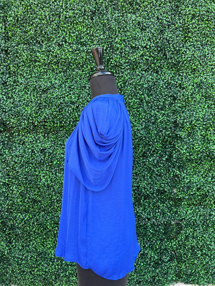 drapped puff sleeve silky bright blue top boutique near me