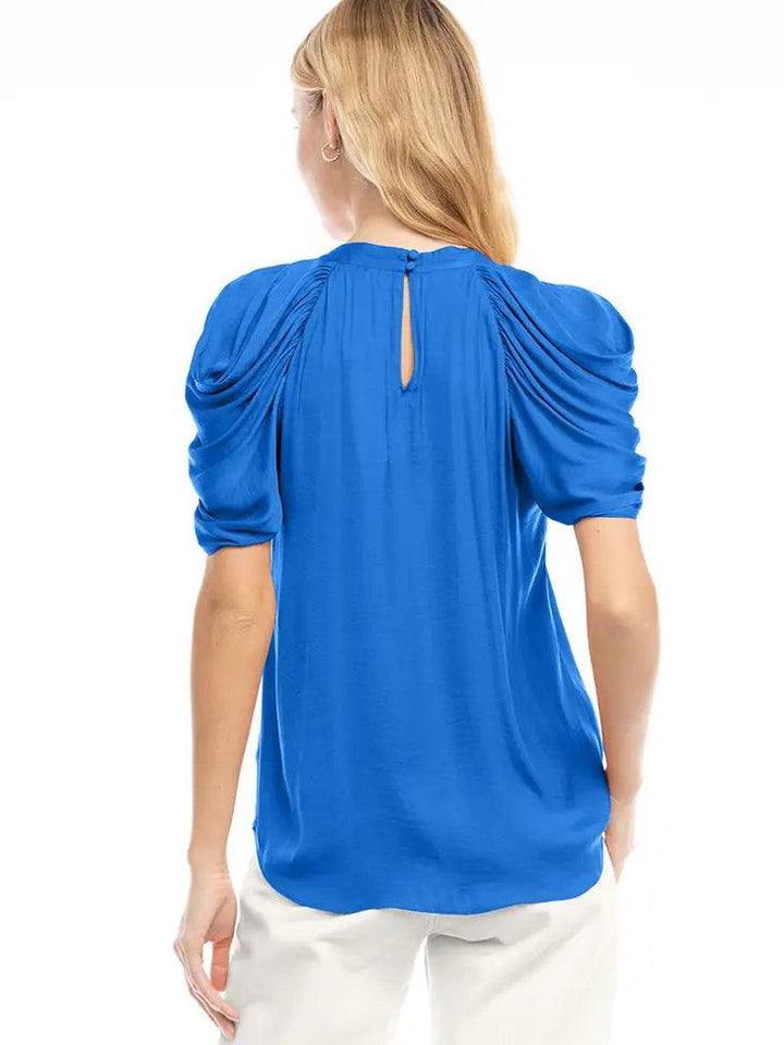 drapped puff sleeve silky bright blue top boutique near me