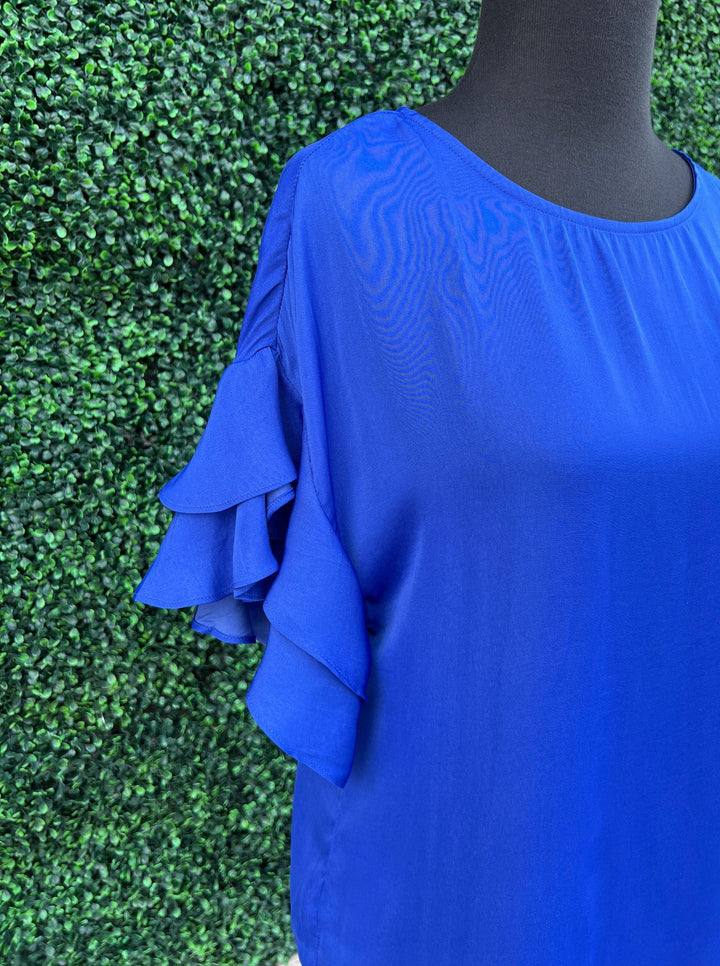 bright royal blue silky ruffle sleeve top