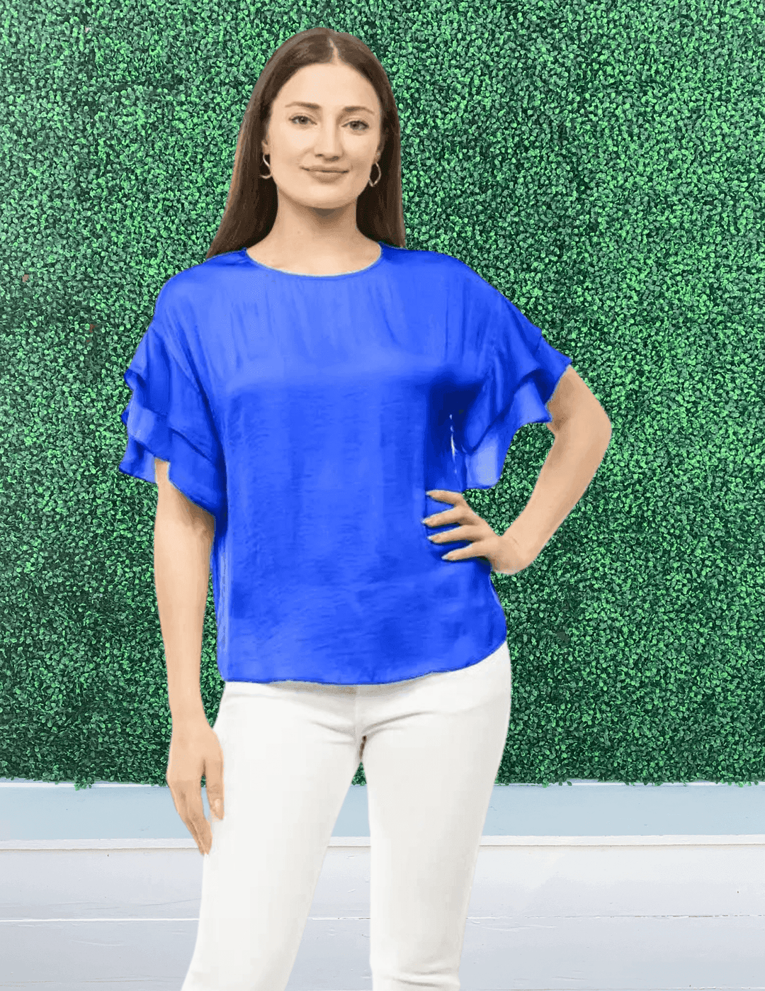 bright royal blue silky ruffle sleeve top 
