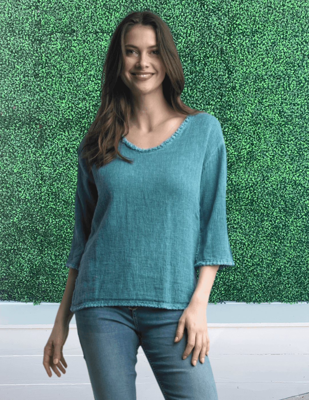 blue green seafoam linen top with textured edge temo paris