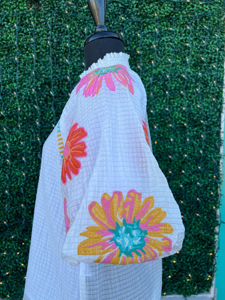 THML Spring embroidered blouse with big colorful flowers on sleeves online boutiqueTHML Spring embroidered blouse with big colorful flowers on sleeves online boutique