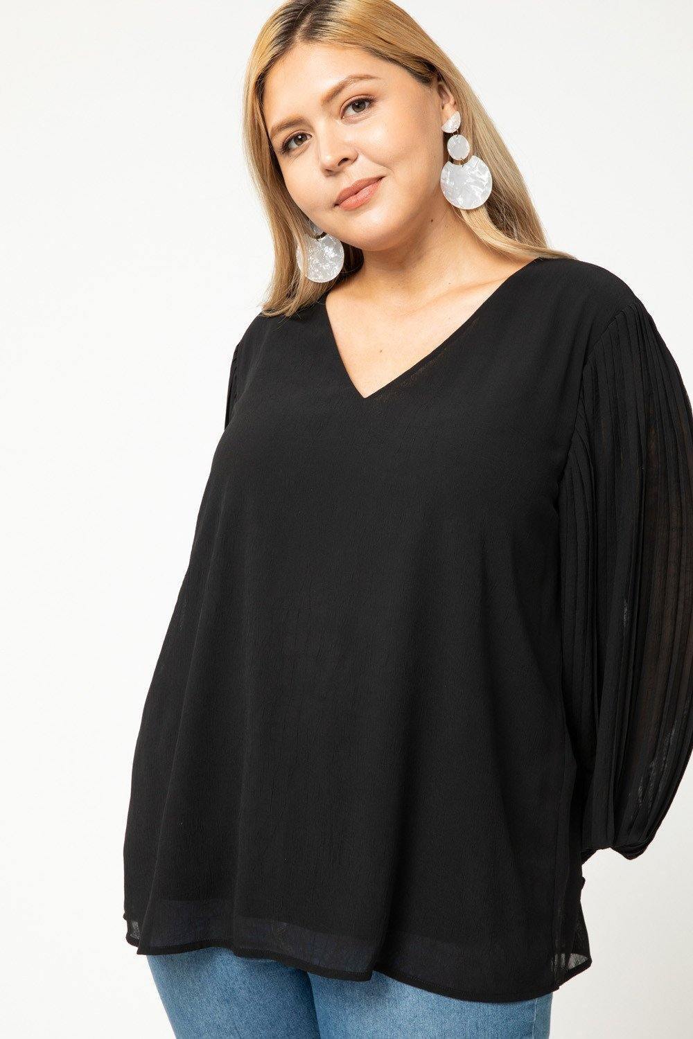 Black Pleated V-Neck Top - Tres Chic Houston