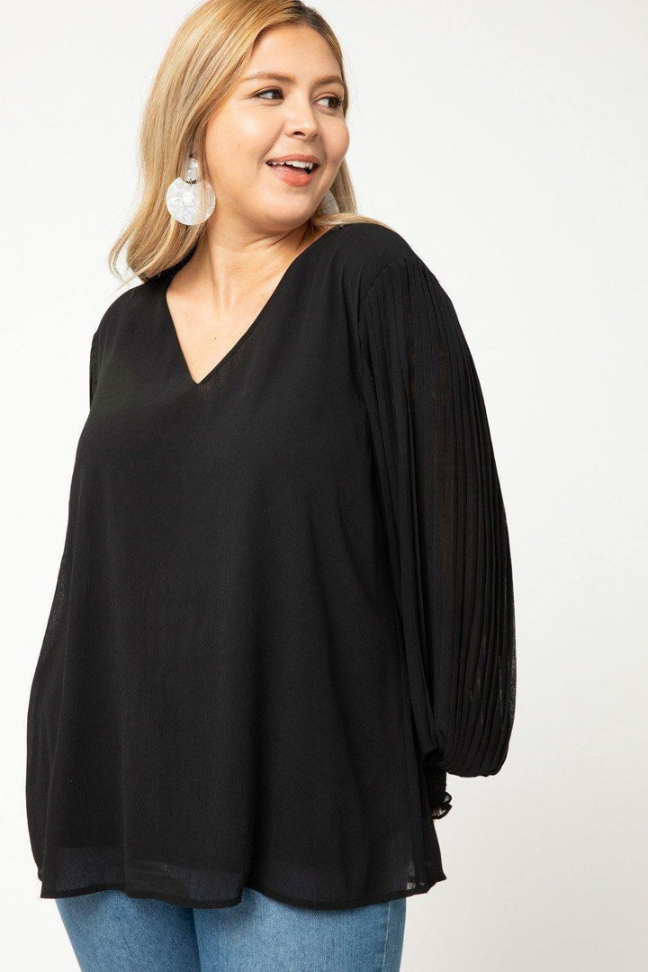 Black Pleated V-Neck Top - Tres Chic Houston