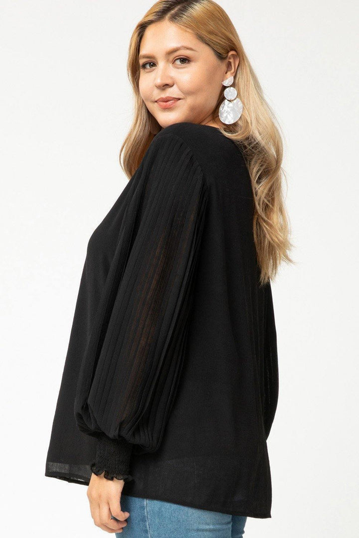 Black Pleated V-Neck Top - Tres Chic Houston