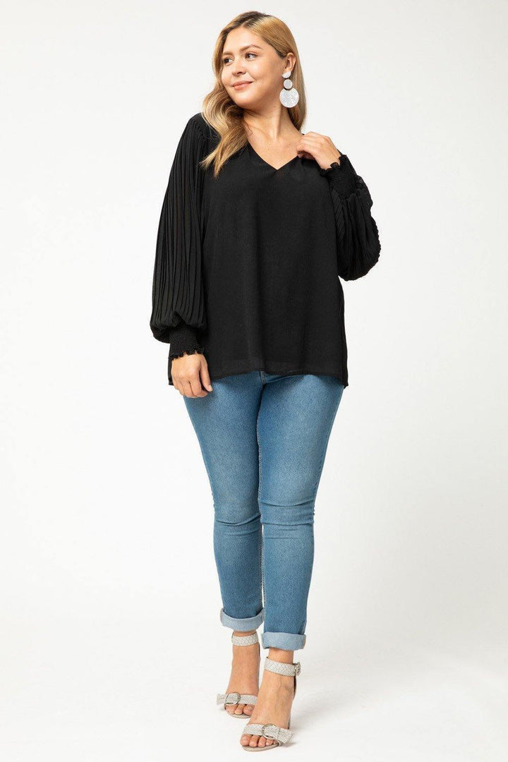 Black Pleated V-Neck Top - Tres Chic Houston