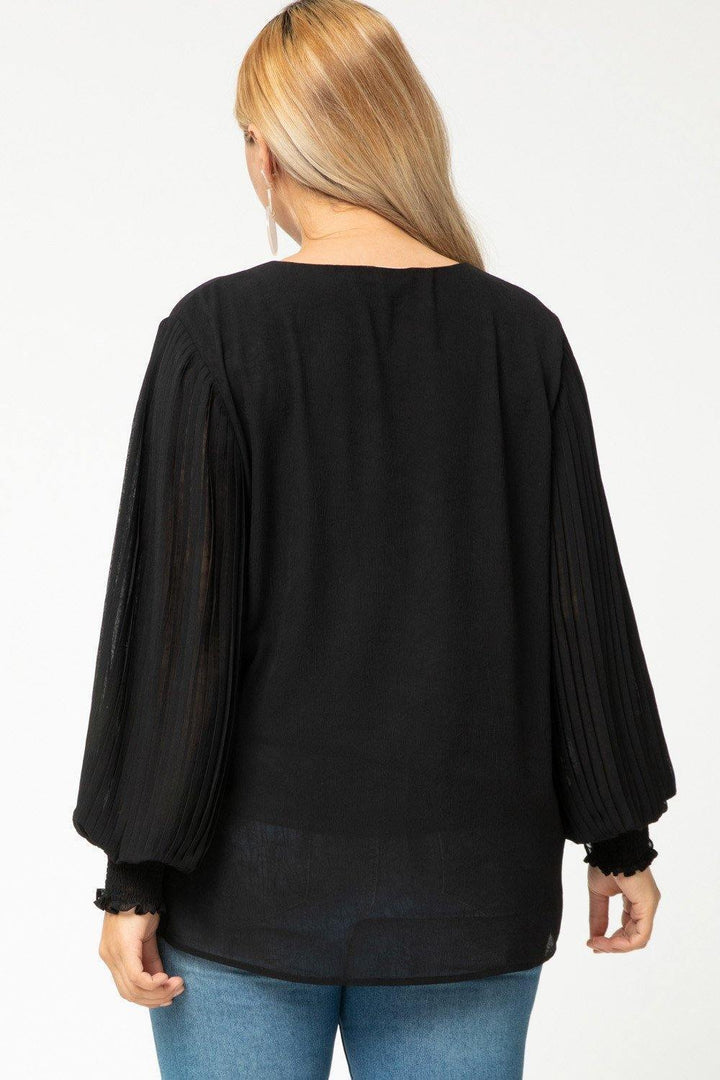 Black Pleated V-Neck Top - Tres Chic Houston
