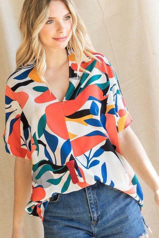 Tropical V-Neck Top - Tres Chic Houston