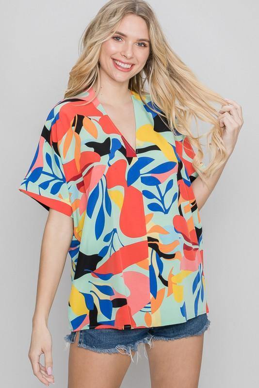 Tropical V-Neck Top - Tres Chic Houston