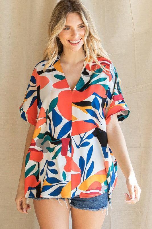 Tropical V-Neck Top - Tres Chic Houston