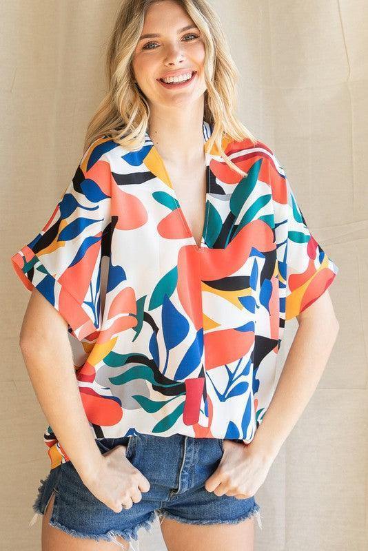 Tropical V-Neck Top - Tres Chic Houston