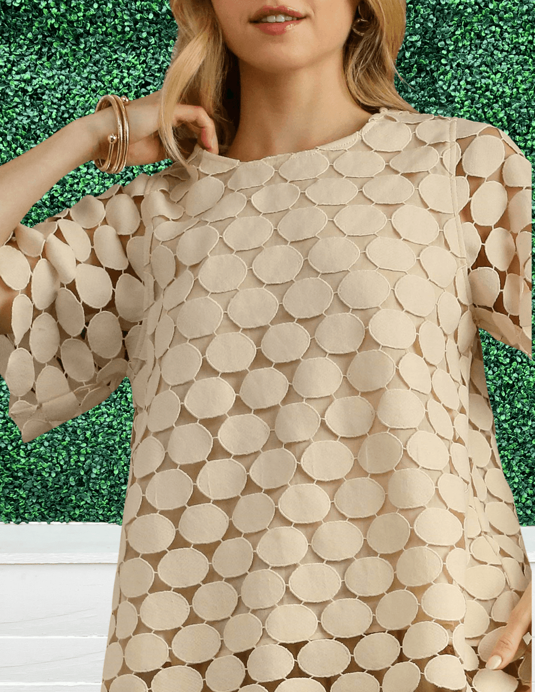 Polka Dot Lace Shift Boxy Cut Short Sleeve Top with Back Button Keyhole