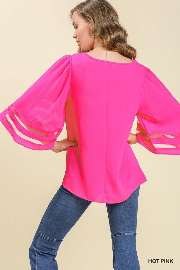 hot pink bell sleeve fiesta top covers arms tres chic houston