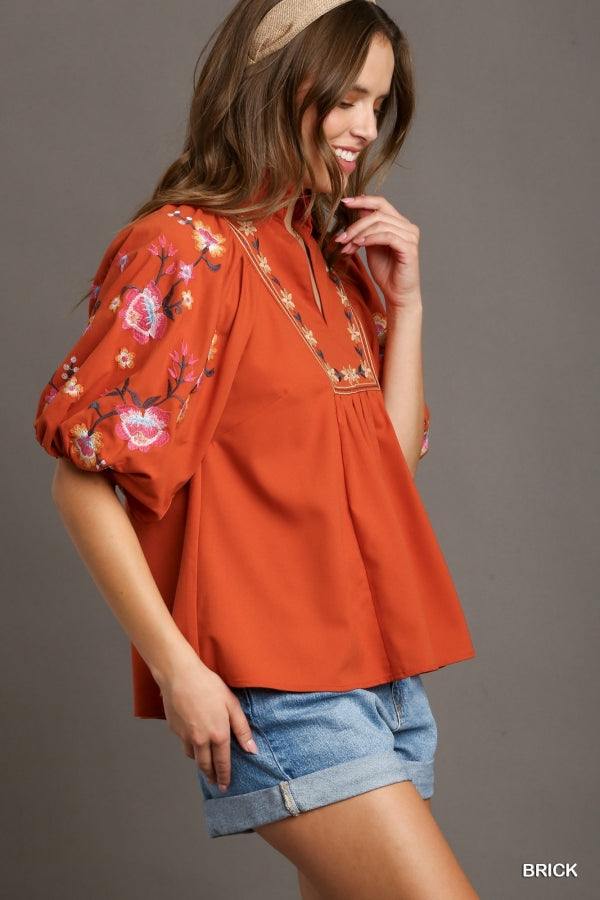 Umgee brand Burnt Orange Embroidered Blouse game day boutique
