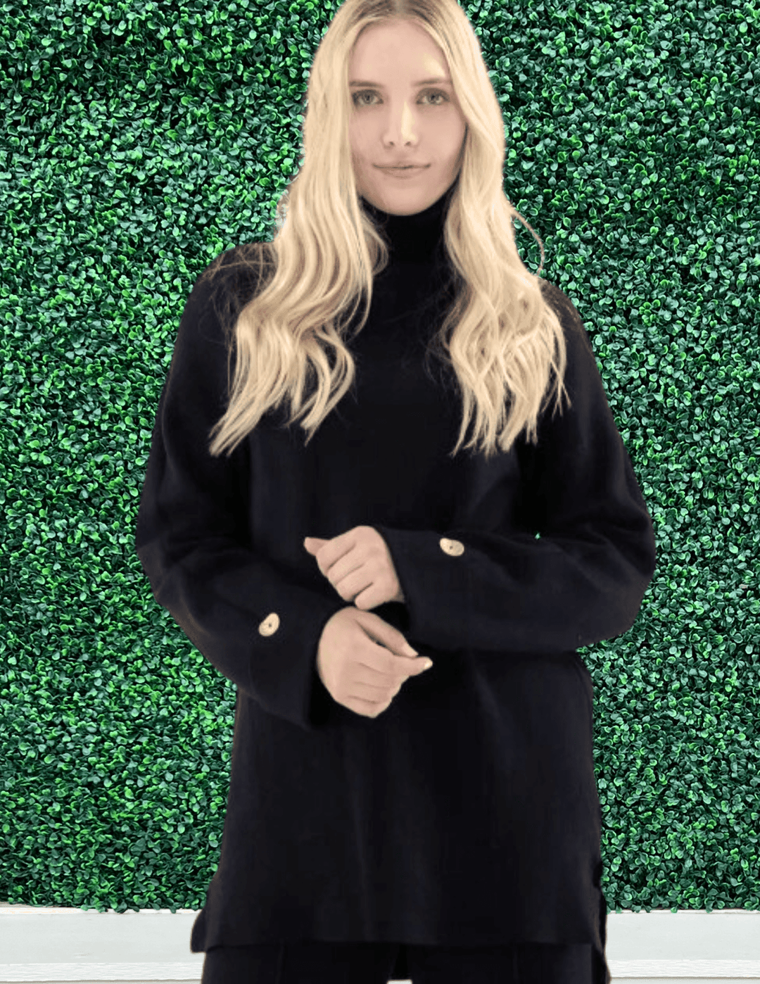 Turtleneck Tunic Sweater with gold button detail and silt at sides black