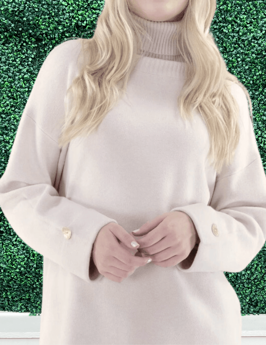 beige Turtleneck Tunic Sweater with gold button detail and silt at sides