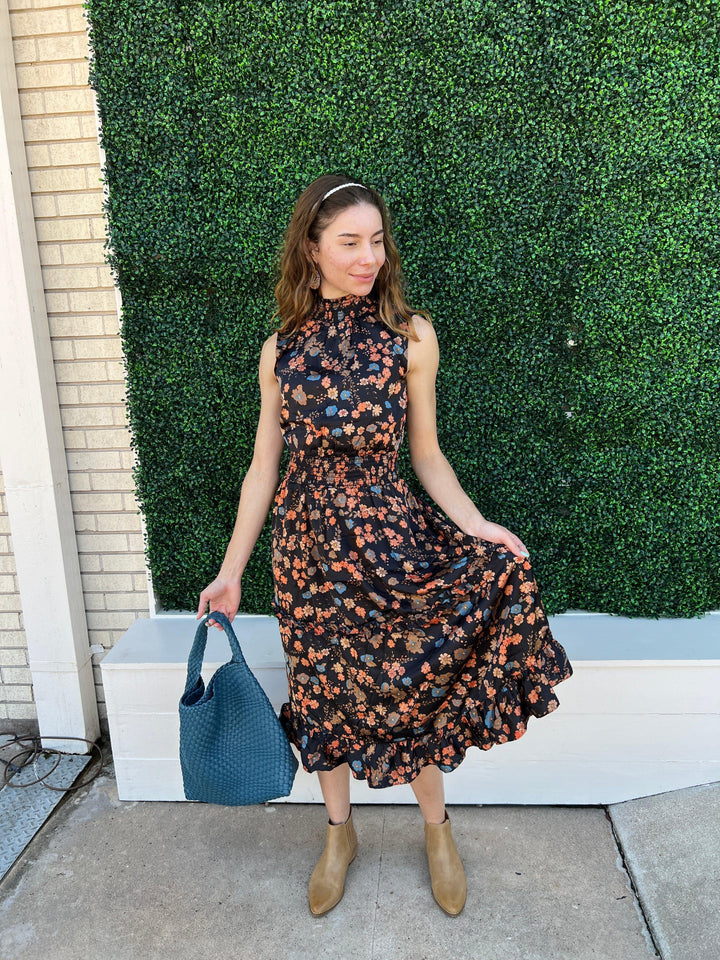 orange, brown, tan, black fall floral dresses shop