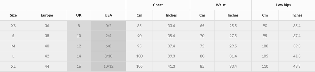 Molly Bracken size chart online dress store